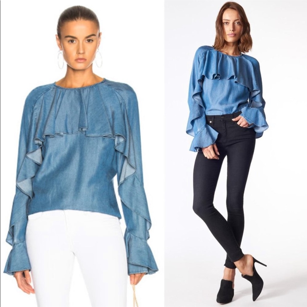 Veronica Beard Jeans Blue Tencel Cascading Ruffles Popover “Mia” Top